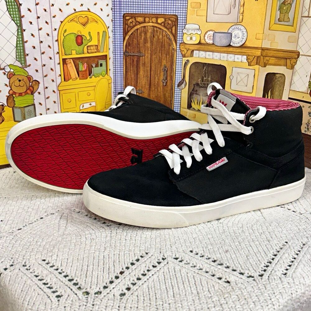 SUPRA Men High Top Skate Sneakers Black Suede Red Pinstripe Lining Size 10.5 M